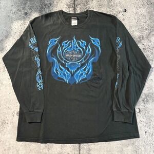 Y2K Harley-Davidson Mens Long Sleeve T-Shirt Black Blue Flames Skull Eagle Texas